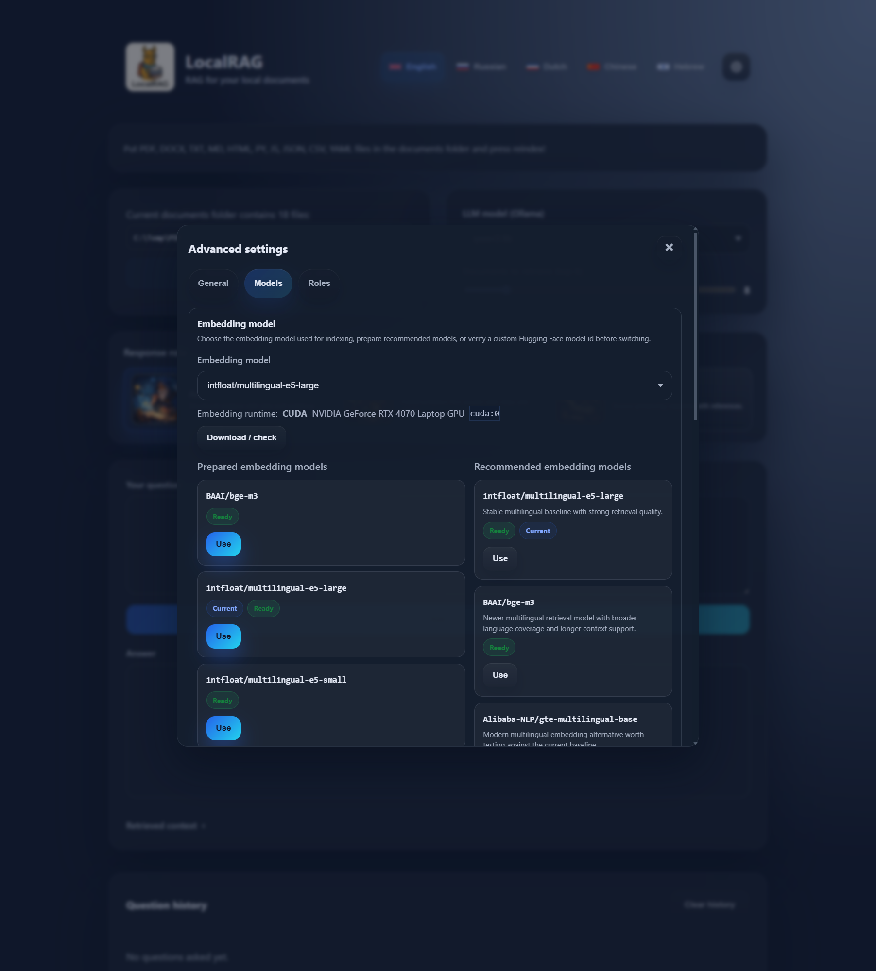 LocalRAG model settings for LLM and embeddings